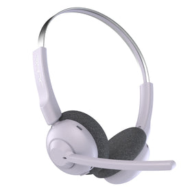 JLab Go Work Pop lilac on-ear headset offers wireless comfort for long calls.