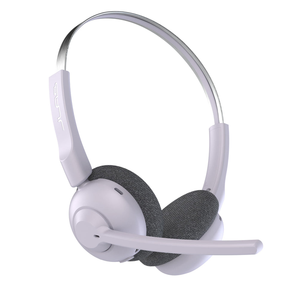 JLab Go Work Pop lilac on-ear headset offers wireless comfort for long calls.