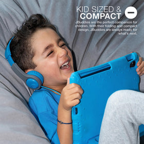 JLab JBuddies hinge safety detail illustrating pinch-free fold and durability