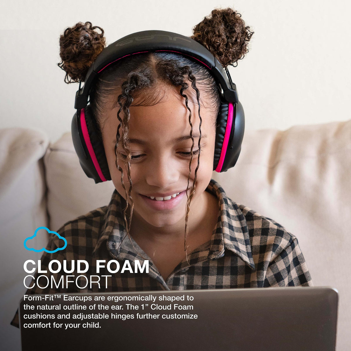 JLab JBuddies Pro earcup with hidden volume switch for parental control