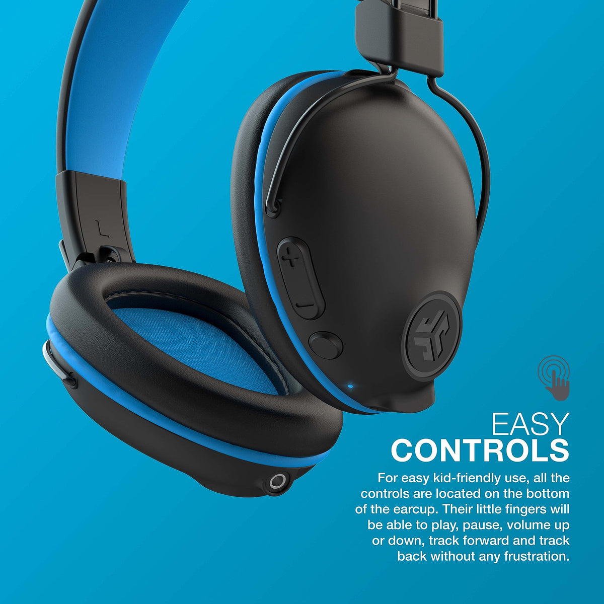 JBuddies Pro blue over-ear design with soft cushions for comfort.