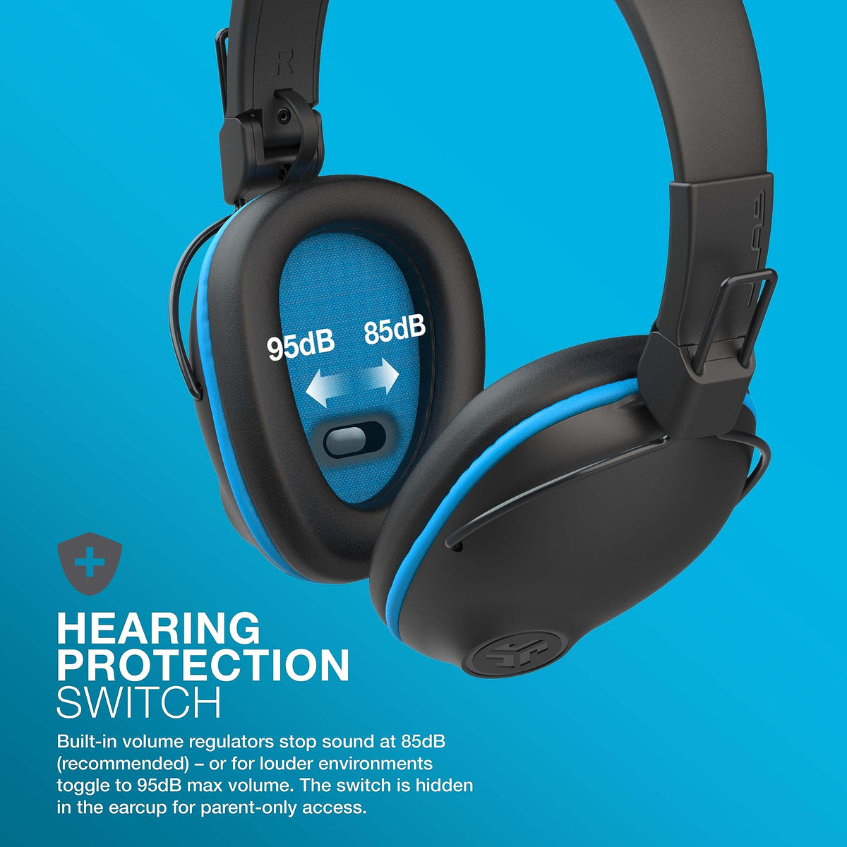 JBuddies Pro blue volume regulator on the earcup for safe listening.