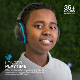 JBuddies Pro blue wireless headphones with long battery life for travel and study.