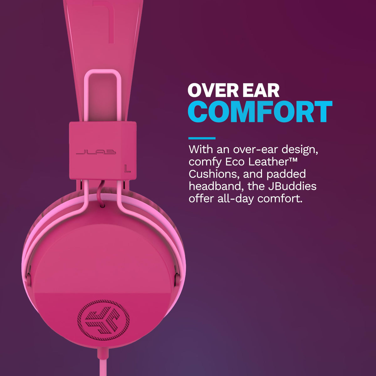 JLab JBuddies Studio on-ear headphones with adjustable headband for growing kids.