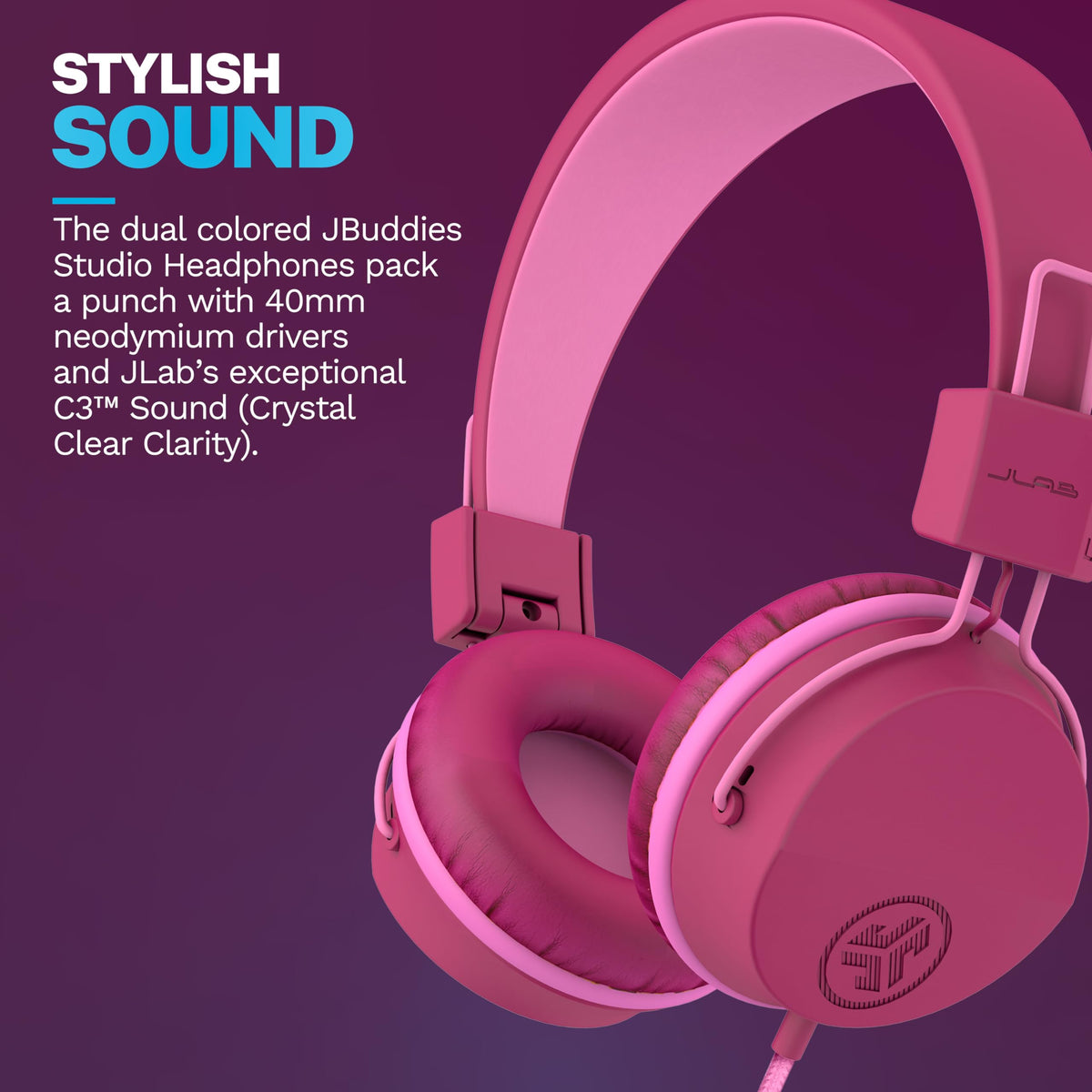 JLab JBuddies Studio on-ear headphones in compact size for packing.