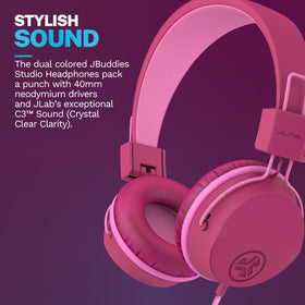 JLab JBuddies Studio on-ear headphones in compact size for packing.