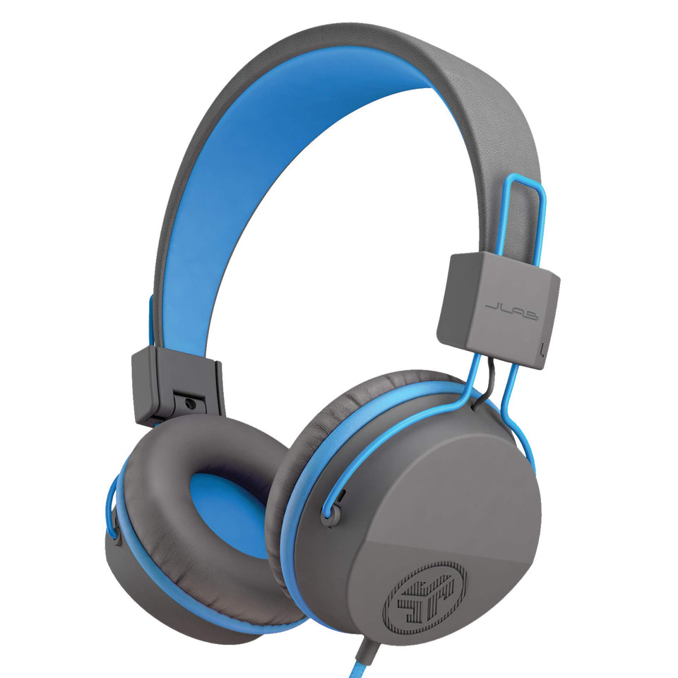 JLab JBuddies Studio on-ear headphones graphite blue for safe listening on the go.