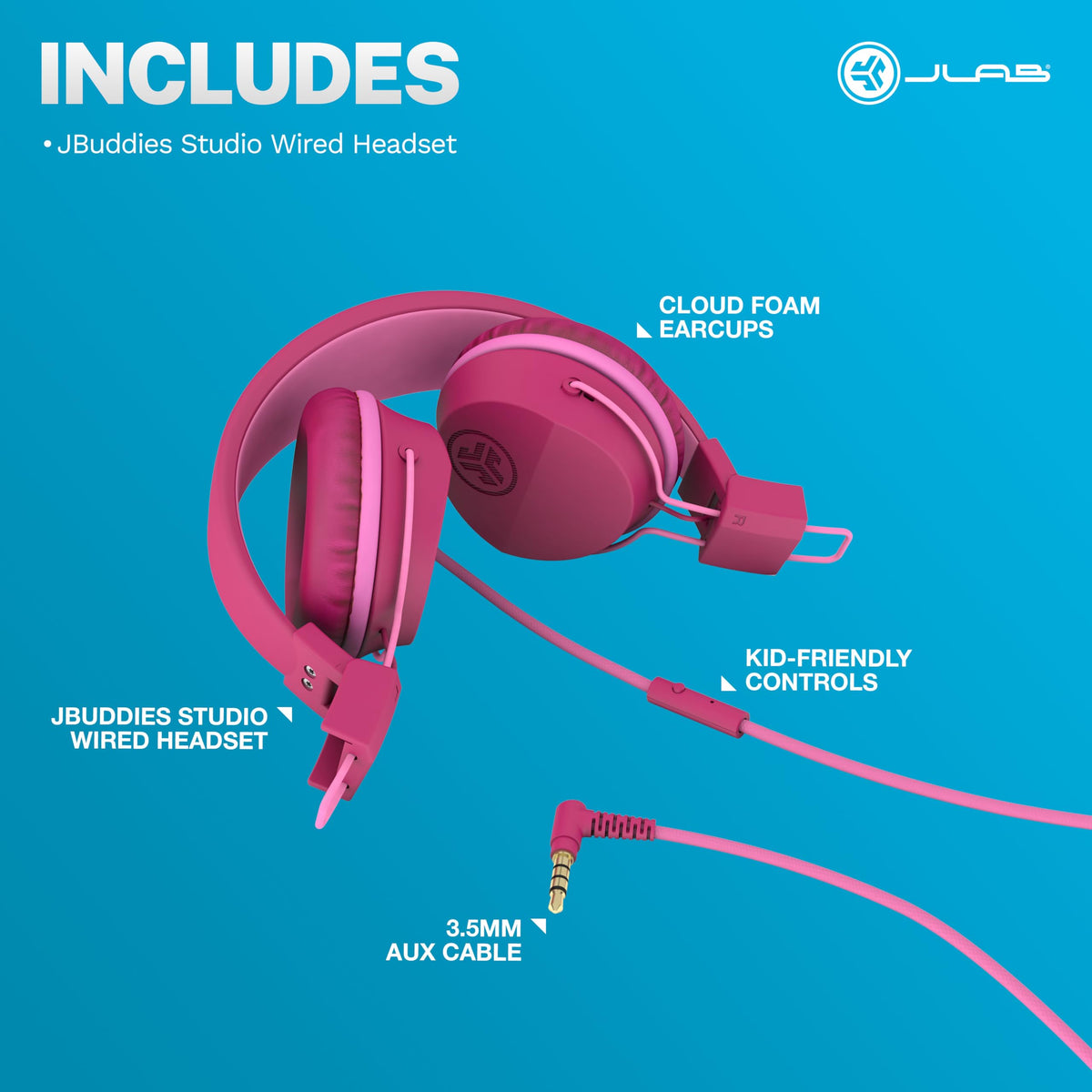 JLab JBuddies Studio on-ear headphones wired with 3.5mm cable for quick plug-and-listen.