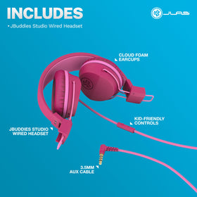JLab JBuddies Studio on-ear headphones wired with 3.5mm cable for quick plug-and-listen.