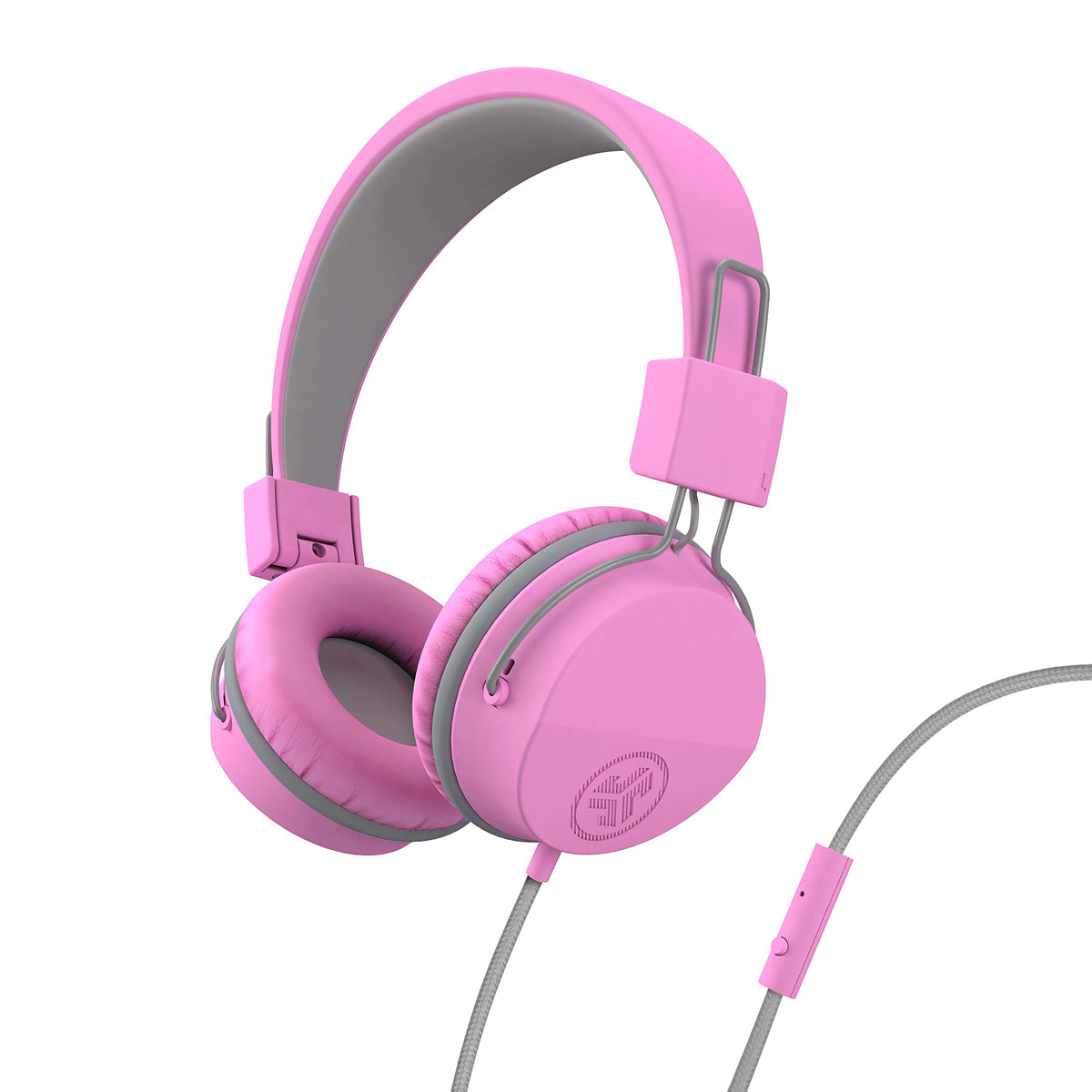JLab JBuddies Studio pink headphones front view with built-in mic for classroom calls.