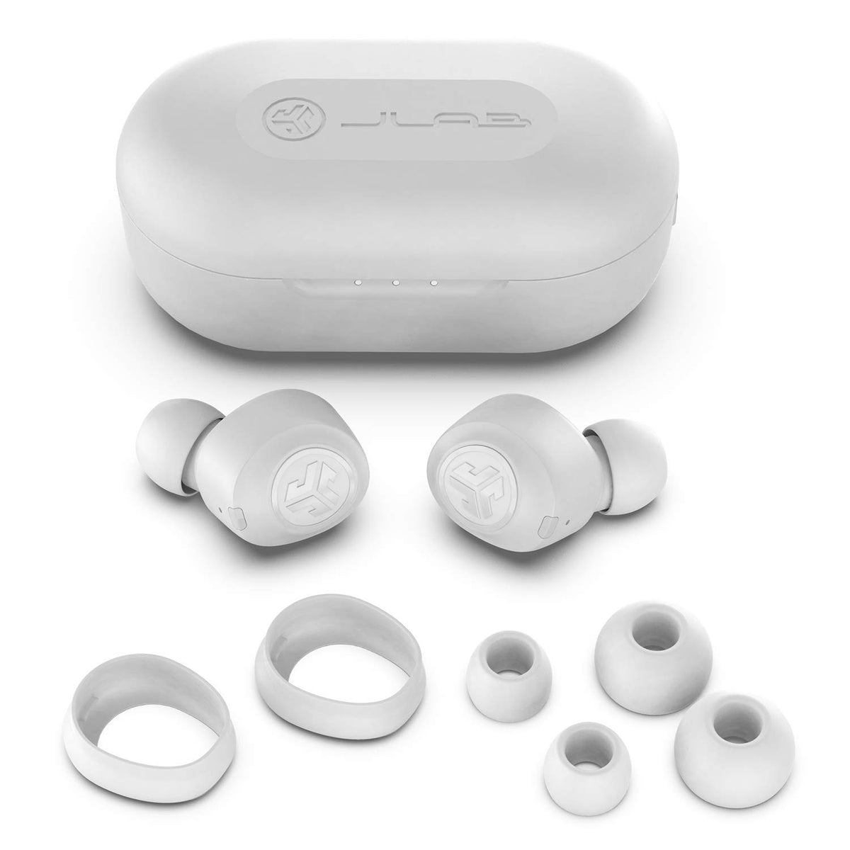 JLab JBuds Air Bluetooth-5 connection graphic emphasizing long battery life.