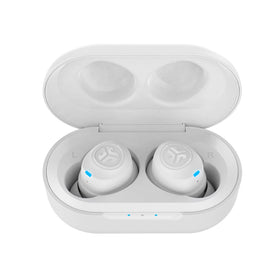JLab JBuds Air earbuds-in-case image highlighting compact, portable design for on-the-go listening.