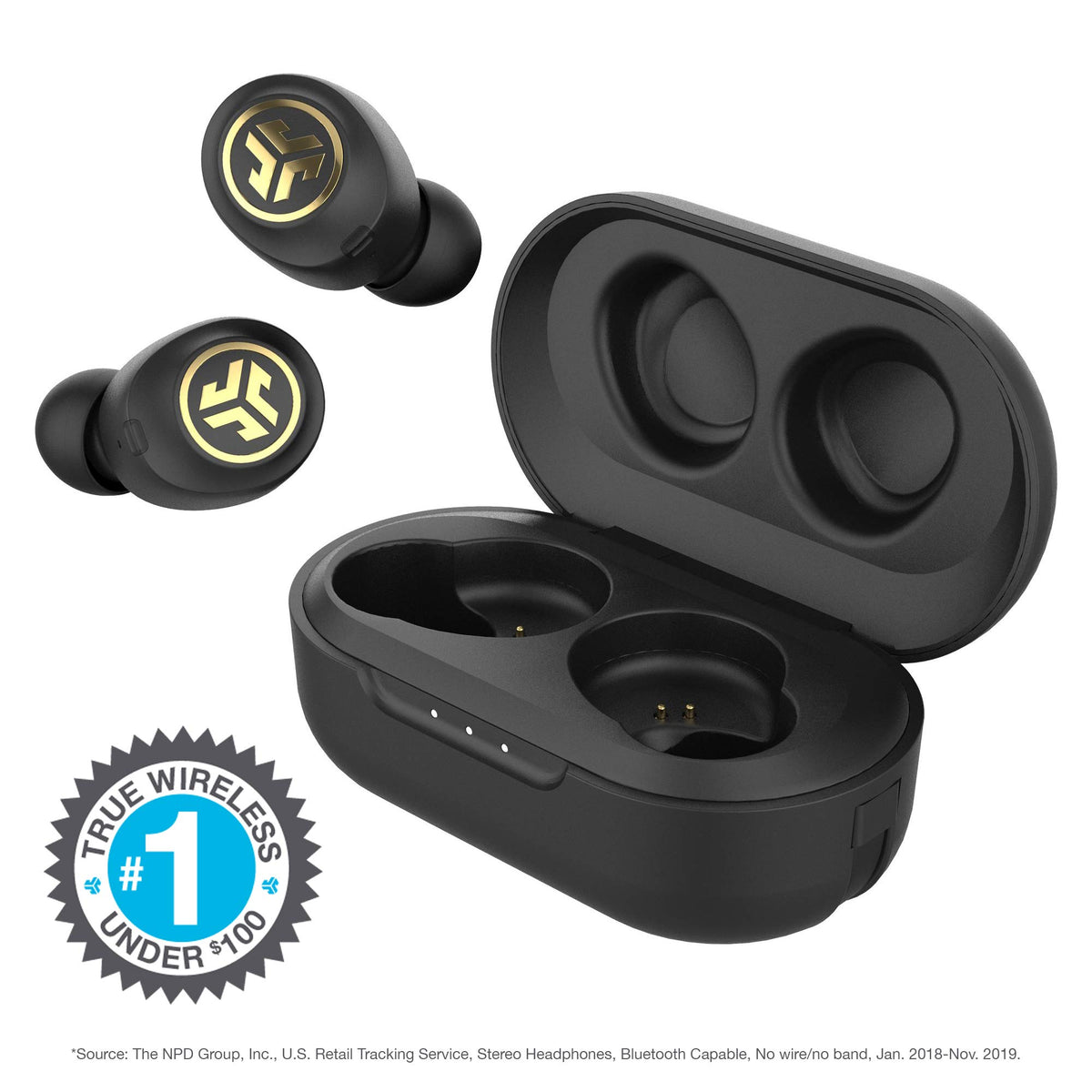 JLab JBuds Air Icon earbuds nestled inside the charging case