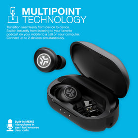JLab JBuds Air Pro multipoint connection keeps laptop and phone connected.