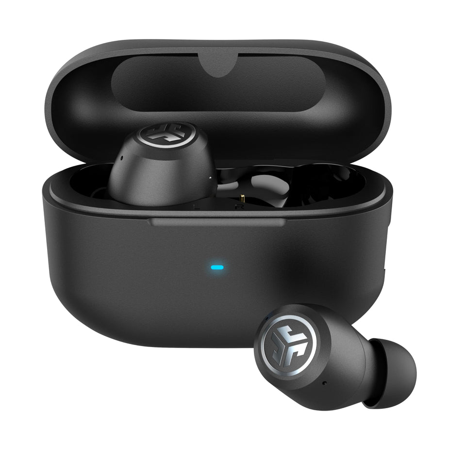 JLab JBuds ANC 3 charging case visible, portable power for travel and daily use.