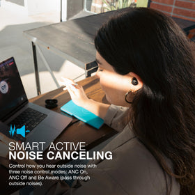 JLab JBuds ANC 3 earbuds worn in ear, comfortable for workouts and commutes.