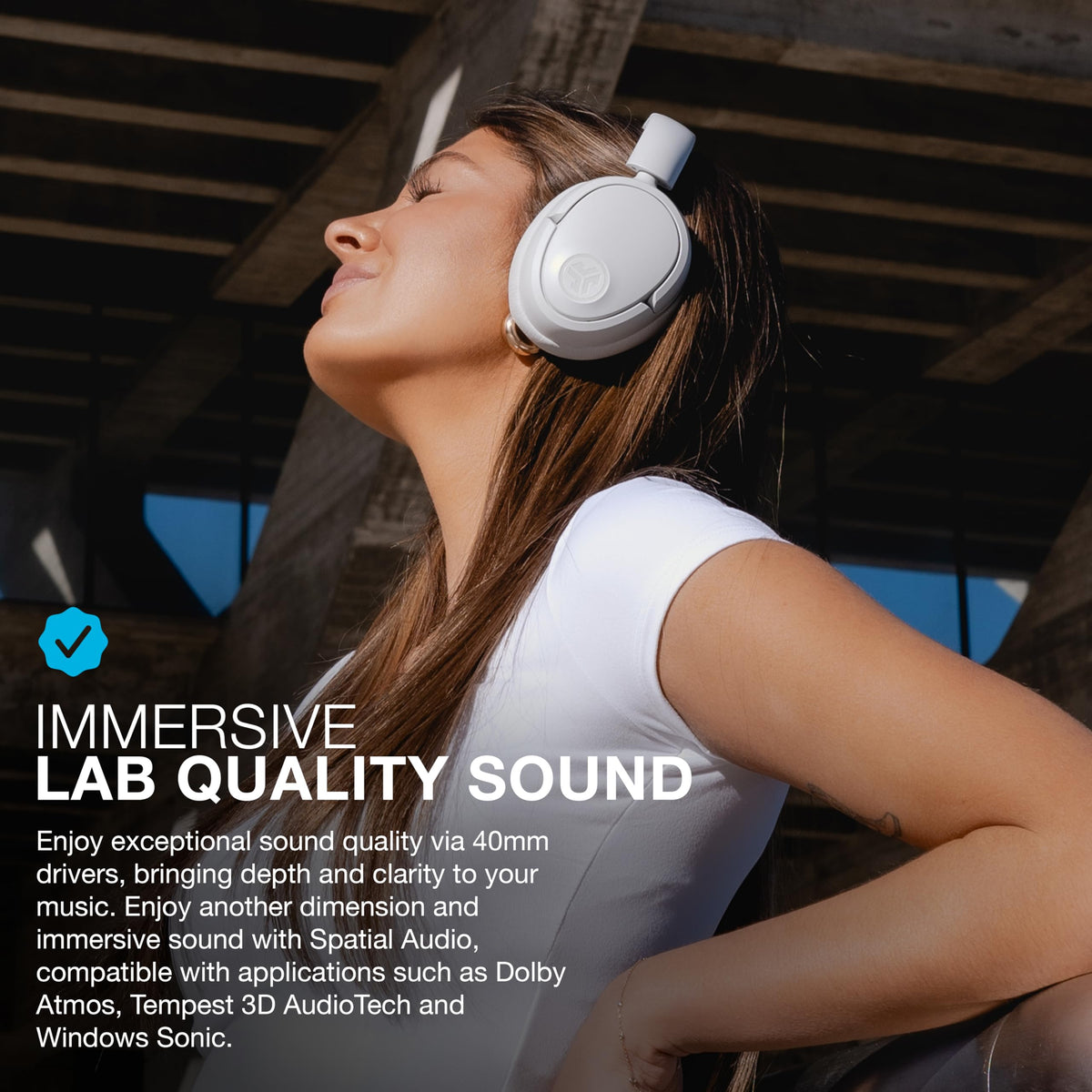 JLab close-up of cloud foam earcup for long-wear comfort benefit