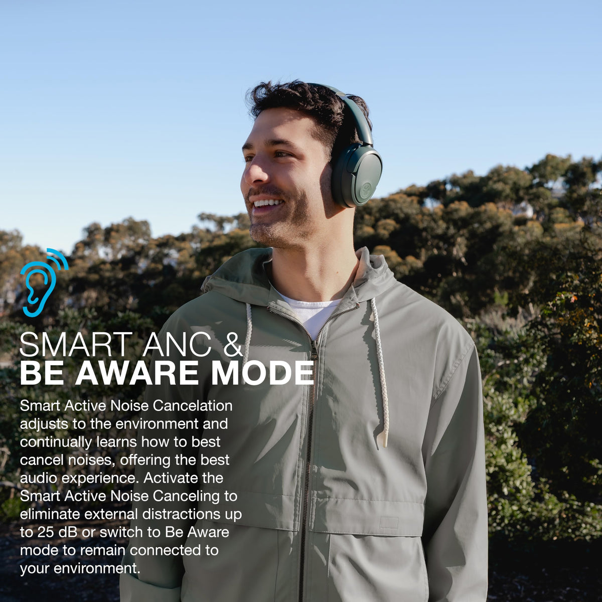 JLab JBuds Lux ANC earcup closeup showing Cloud Foam padding for extended listening comfort