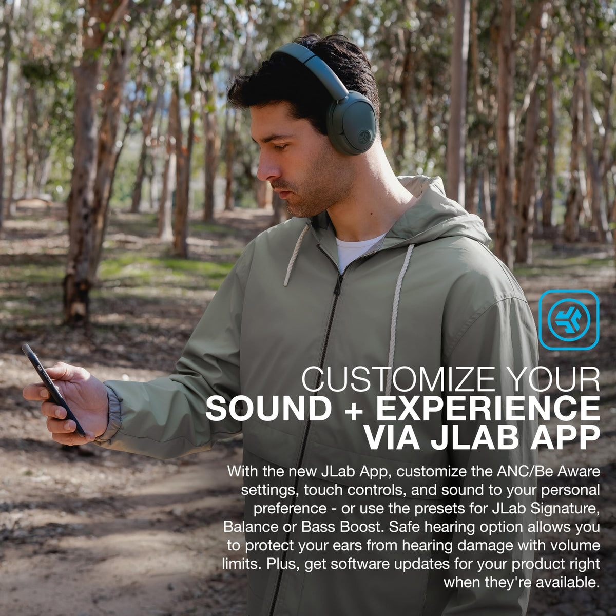 JLab JBuds Lux ANC worn on commuter demonstrating ANC reducing background noise for focus