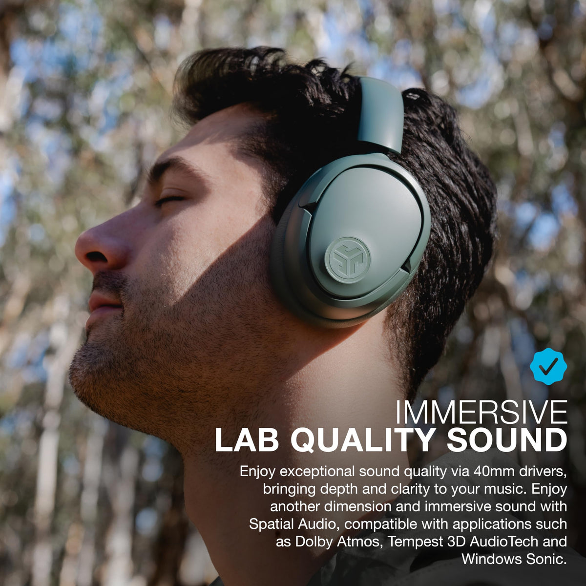 JLab JBuds Lux ANC side detail highlighting touch controls and refined build for easy operation