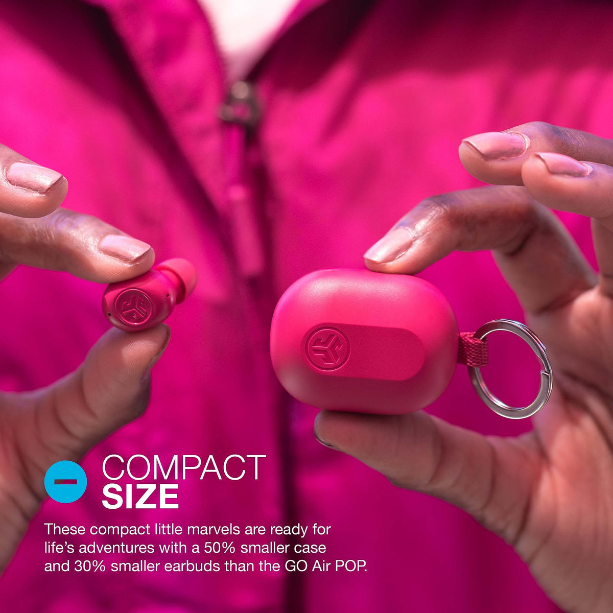 JLab JBuds Mini open charging case showing earbuds seated, convenient recharges