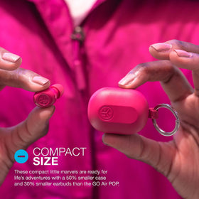 JLab JBuds Mini open charging case showing earbuds seated, convenient recharges