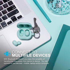 JLab charging case open with earbuds inside showing portable battery benefit