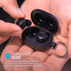 JLab JBuds Mini charging case open displaying earbuds and extended 20-hour battery backup
