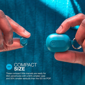 JLab JBuds Mini charging case open displaying earbuds and extended 20-hour battery benefit