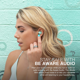 JLab touch controls and label detail on earbuds showing easy control customization