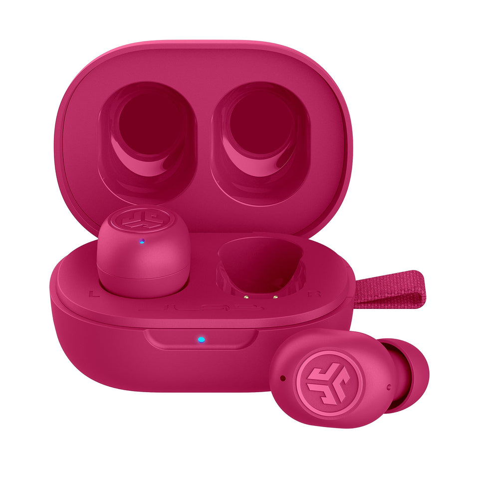 JLab JBuds Mini front packaging showing product and color, highlights portability