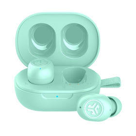 JLab mint front packaging showing compact earbuds and brand — clear product view