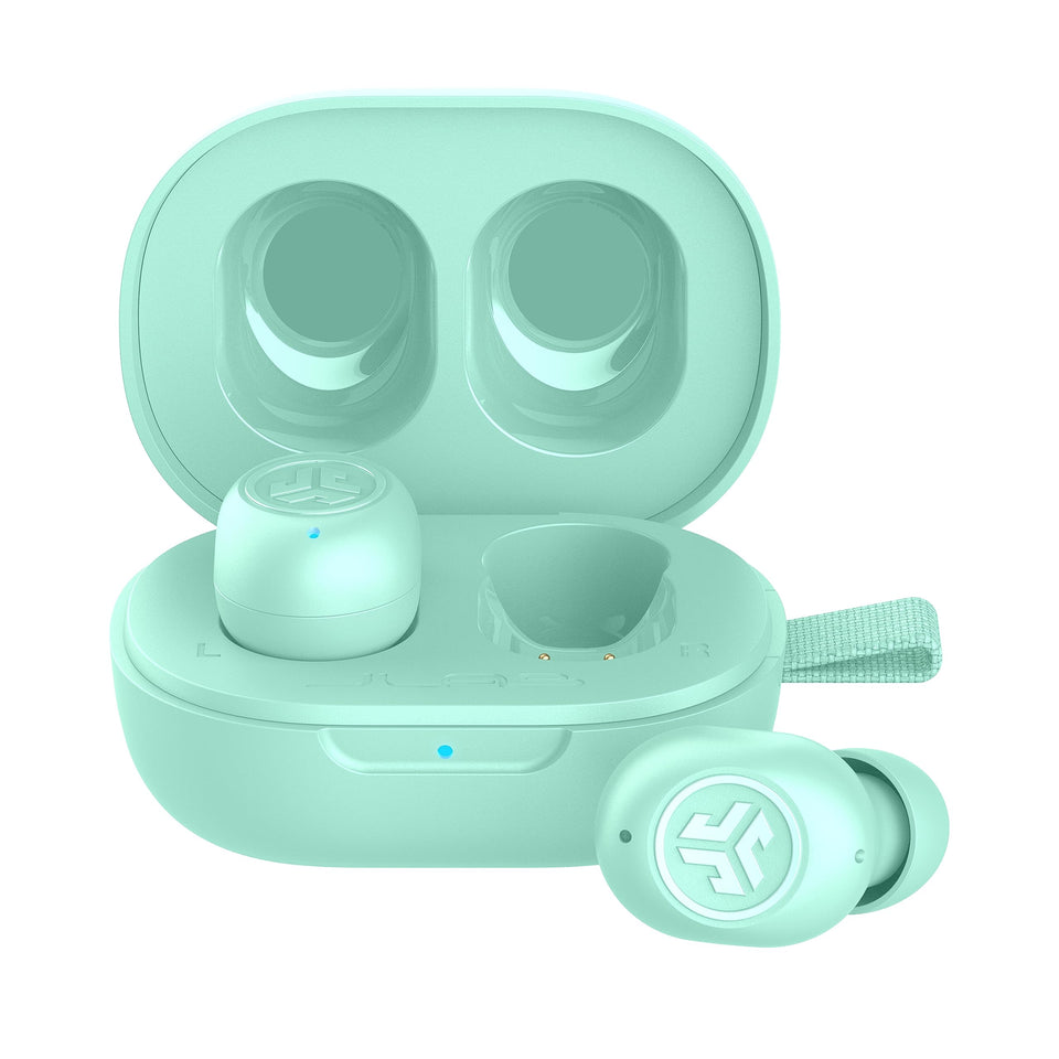 JLab mint front packaging showing compact earbuds and brand — clear product view