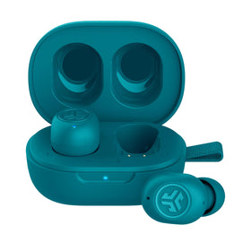 JLab JBuds Mini front view in teal showing compact design and convenient portability