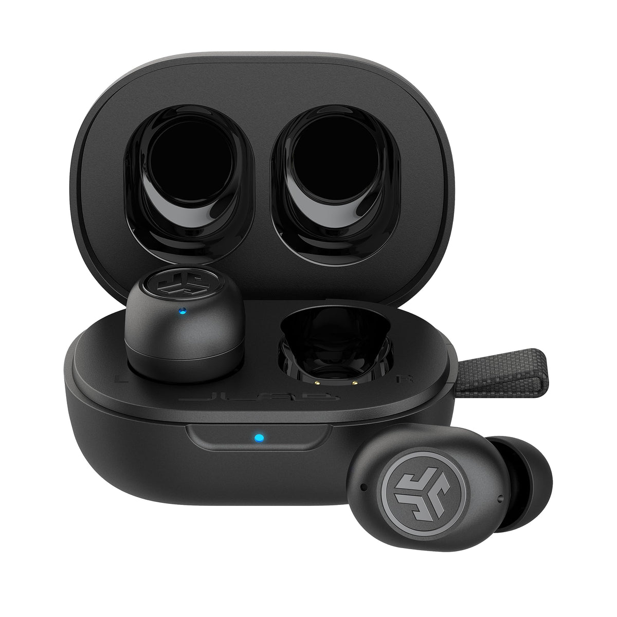 JLab JBuds Mini front view showing compact earbuds and charging case for portability