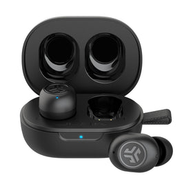 JLab JBuds Mini front view showing compact earbuds and charging case for portability