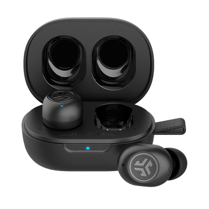 JLab JBuds Mini front view showing compact earbuds and charging case for portability