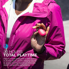 JLab JBuds Mini worn in ear during run, demonstrates secure fit and sweat resistance