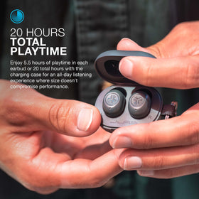 JLab JBuds Mini seated in ear demonstrating secure fit and comfort for movement