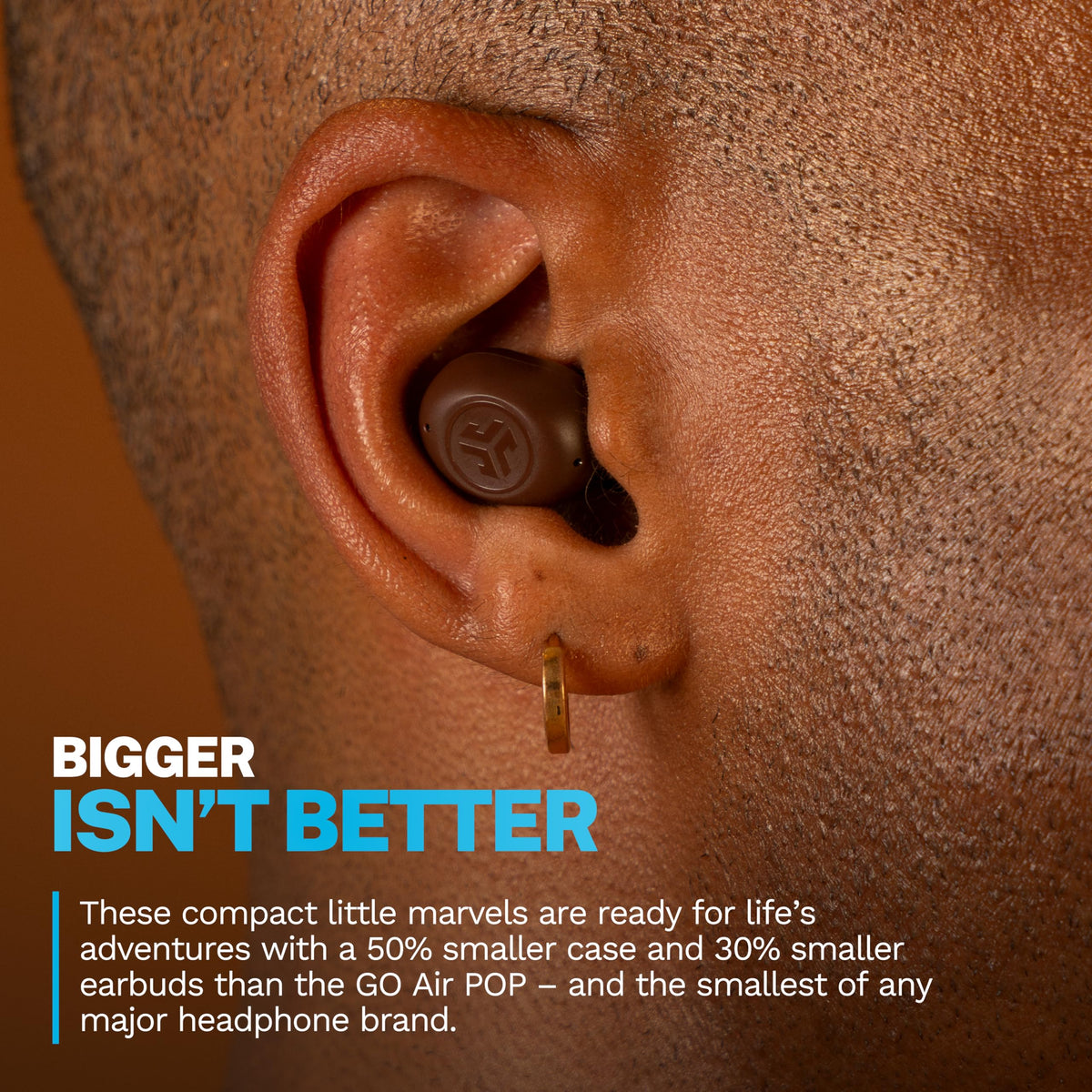 JLab JBuds Mini Tones earbud close-up highlighting tiny lightweight comfort