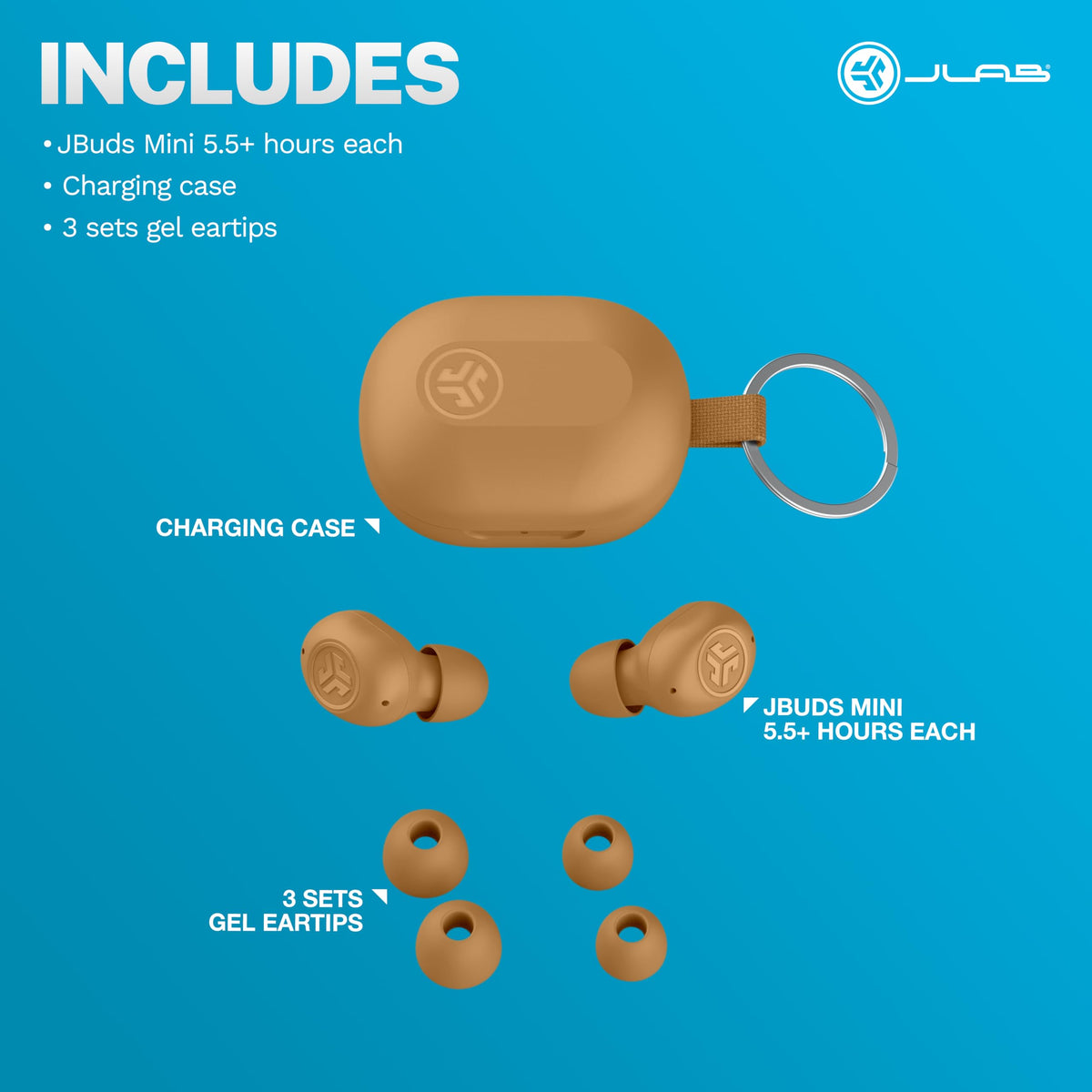 JLab product label close-up showing specs and included charging case