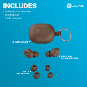 JLab JBuds Mini Tones label and specs view showing features and compatibility