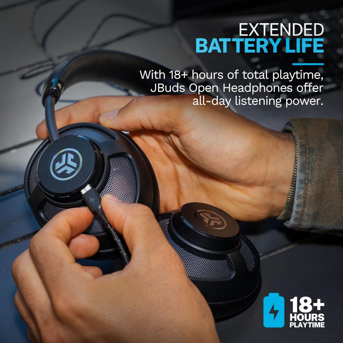 JLab JBuds Open close-up of dual drivers showing layered sound detail benefit
