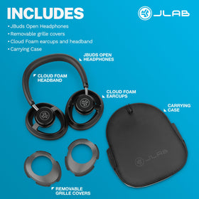 JLab JBuds Open packaging flatlay showing what’s included and unboxing clarity benefit