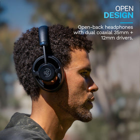 JLab JBuds Open side profile highlighting slim frame and comfortable fit benefit