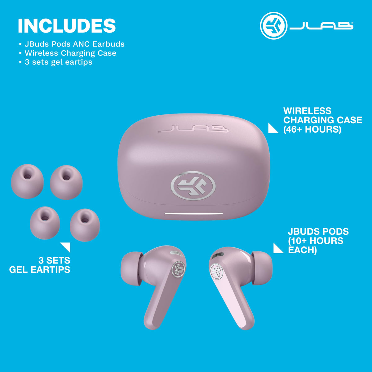 JLab JBuds Pods ANC Mauve earbuds in case multipoint connectivity on the go