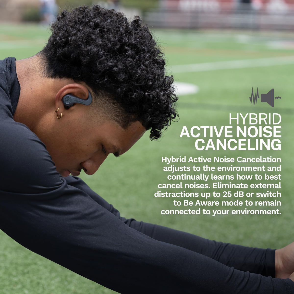 JLab JBuds Sport ANC 4 earhook detail demonstrating secure fit during workouts