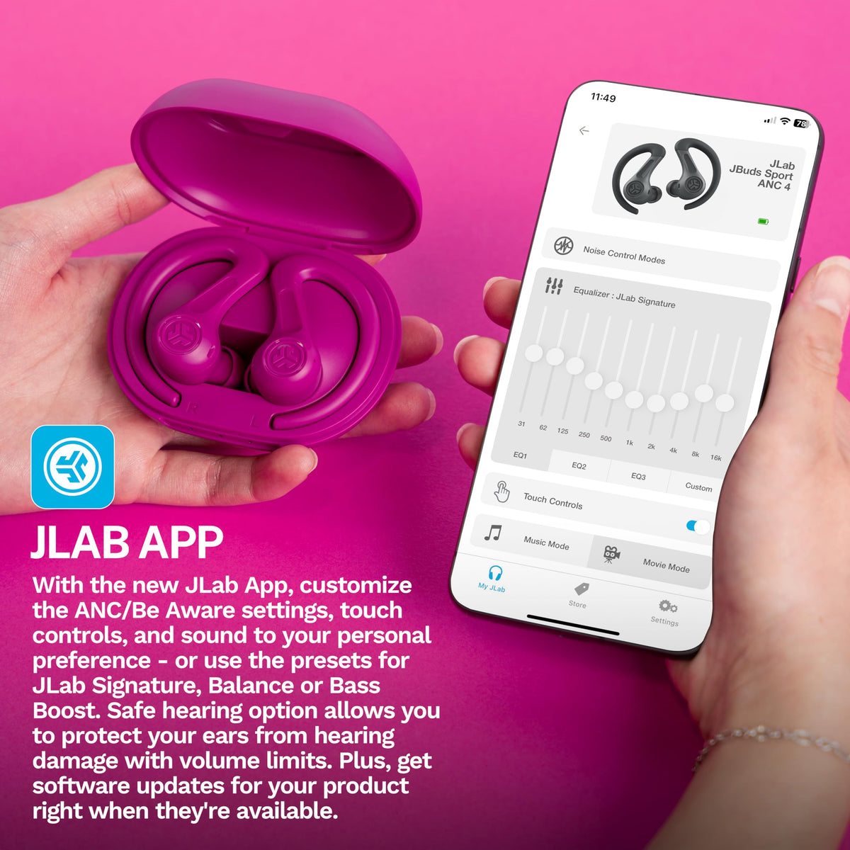 JLab JBuds Sport ANC 4 pink app screen demonstrates adjustable ANC and Be Aware.