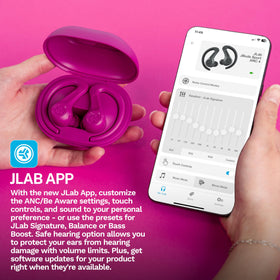 JLab JBuds Sport ANC 4 pink app screen demonstrates adjustable ANC and Be Aware.
