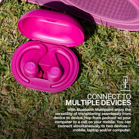 JLab JBuds Sport ANC 4 pink Bluetooth multipoint icon shows dual-device connectivity.
